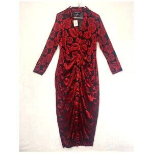 ASHLEY STEWART Floral Rushed long sleeve Mesh Bodycon Dress Velvet print Sz 12